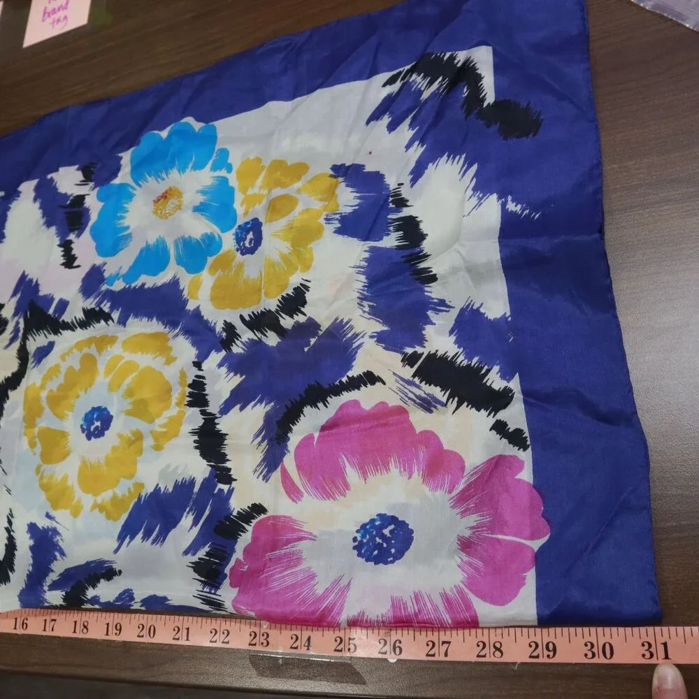 Vintage Silk Scarf Blue Bloomcore Boho Cottage Polished Colorful‎ Artsy Elegant